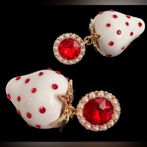 New Betsey Johnson White Strawberry Red Crystal Faux Pearl Drop Earrings